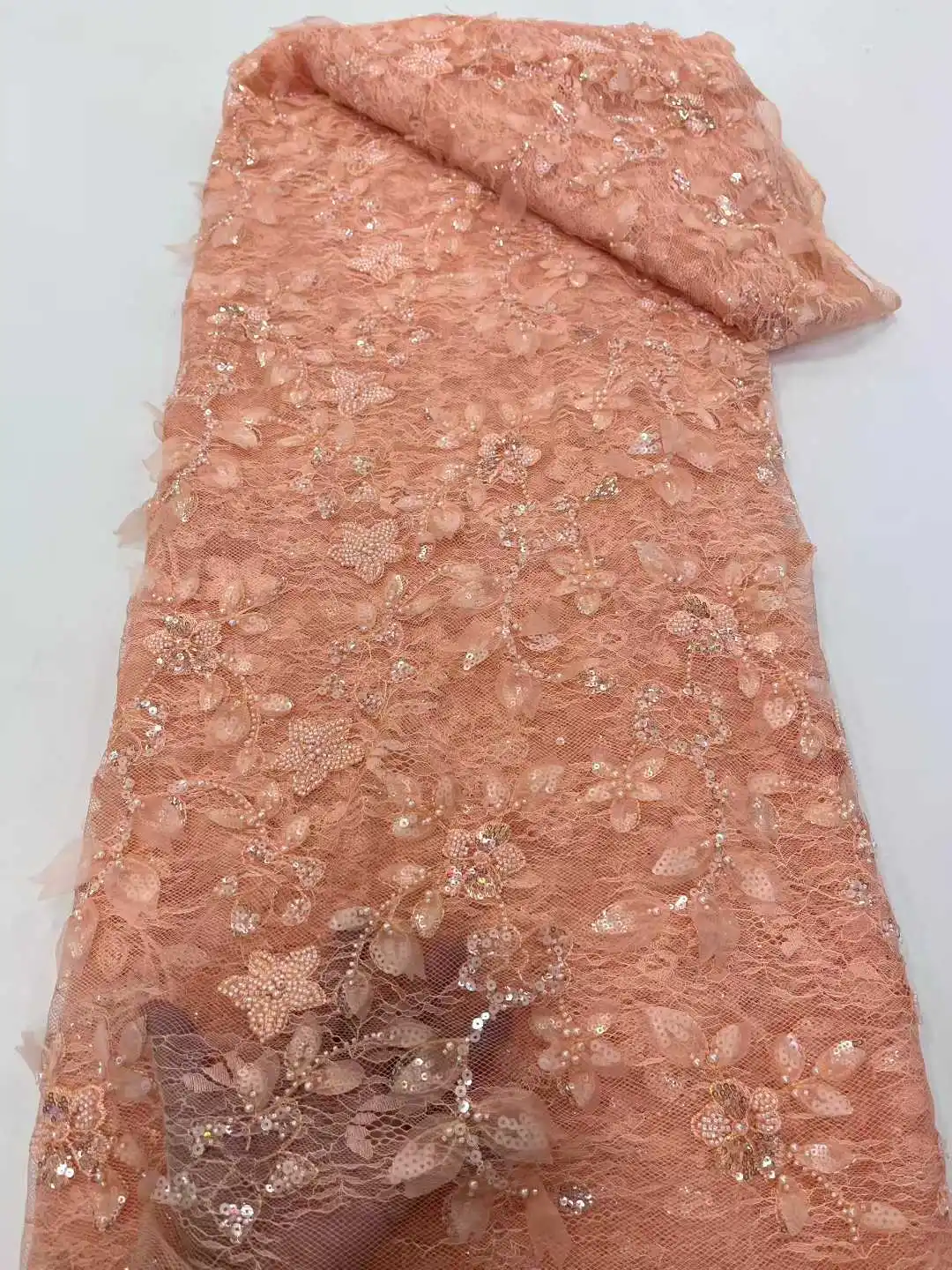 

5Yards African Bridal Lace Fabric with Sequins Beaded Embroidery High Quality French Tulle for Wedding Groom Nigerian Style