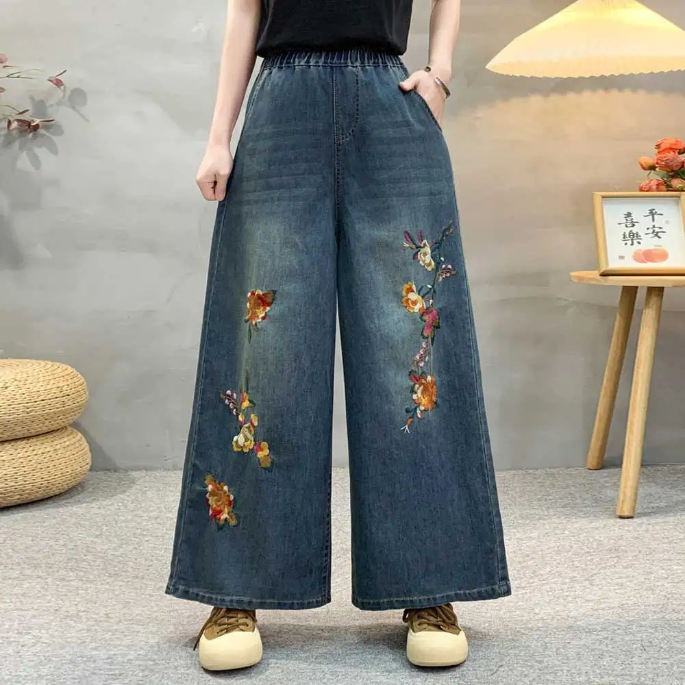 

Japanese Vintage Mori Girl Ethnic Style Flower Embroidery Denim Wide Leg Pants Women Summer Elastic Waist Casual Loose Jeans