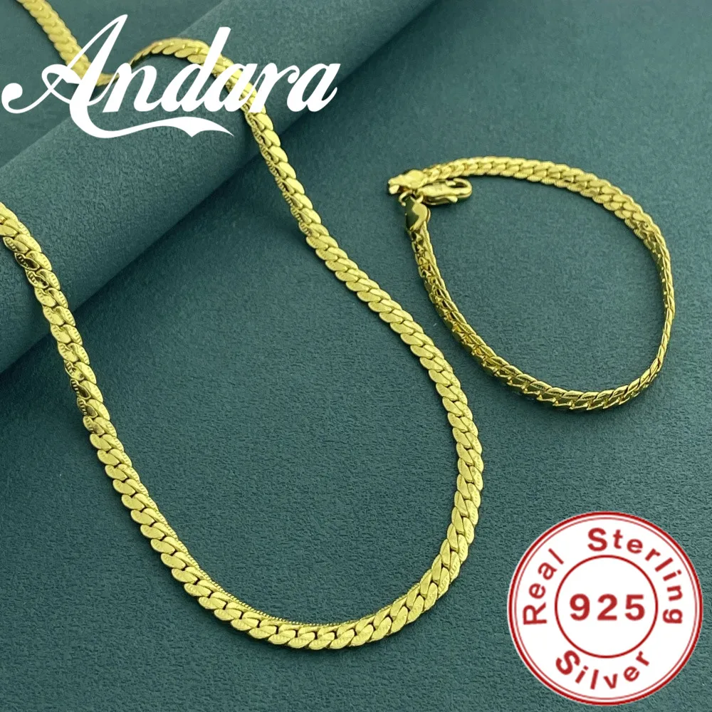 

Andara стерлингового серебра 925 пробы, позолоченное 18 карат, 5 мм, кубинское звено, ожерелье и браслет, комплект для мужчин и женщин, ювелирные изделия для вечеринок