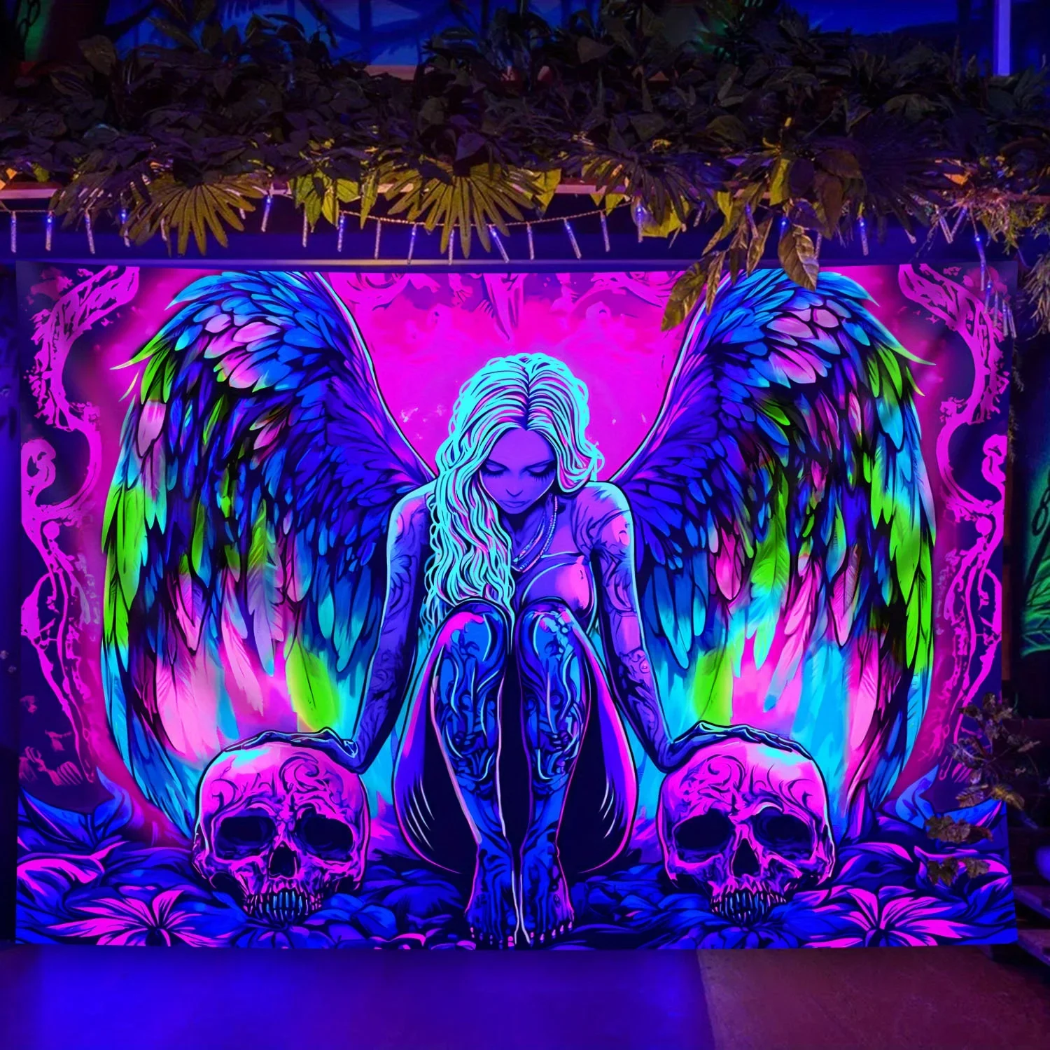 VIKAMA Halloween Angel Skull Tapestry Psychedelic Colors Waterproof Music Studio Game Room Living Room Decor