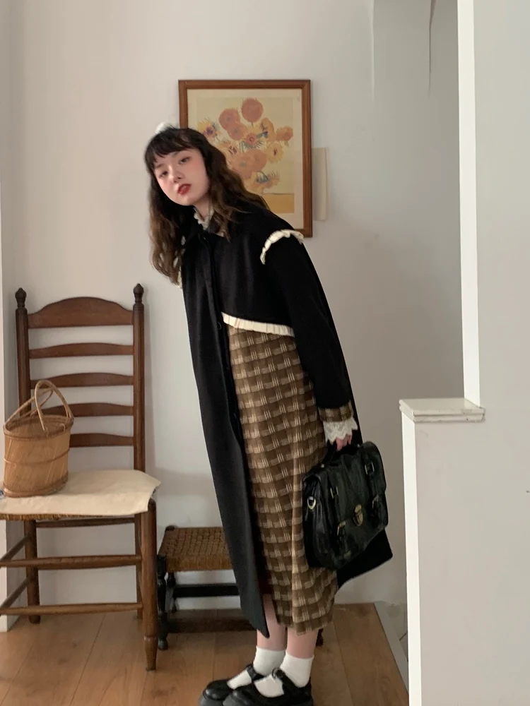 

Hey Shan Nai Nai Plaid Splicing Women's Coat Black Color Japanese Style Small Design Woolen Jacket for Young Women