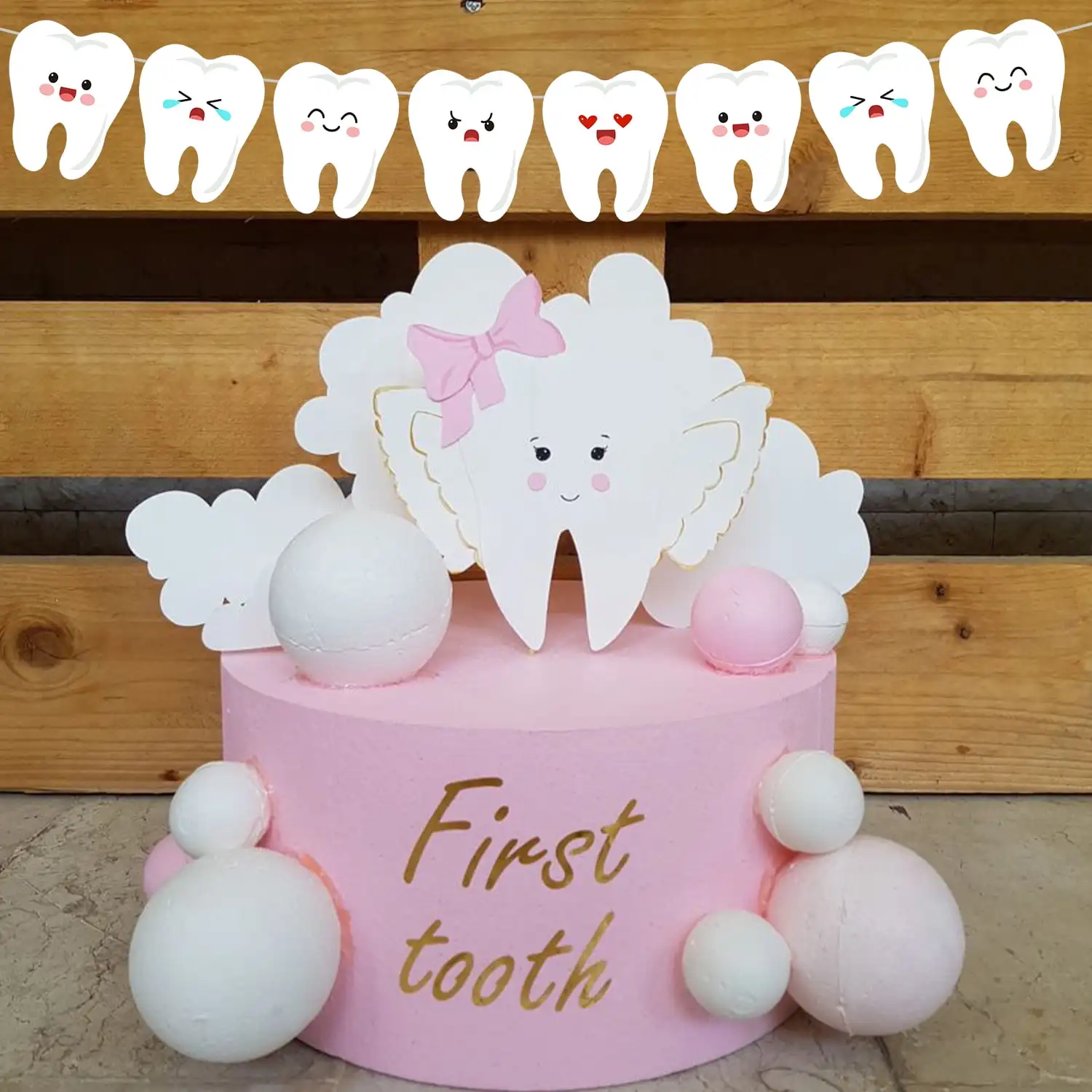 First Tooth Banner Smiling Tooth Garland First Tooth Party Decorations for Girl Boy Tooth Theme 1st Birthday Party Decoration