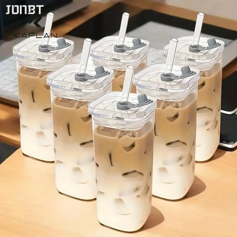 

2/6PCS Square Tumbler Glass Water Cups Reusable Glasses with Lids Straw for Cocktails Juice Iced Coffee Bubble Tea Drinkware