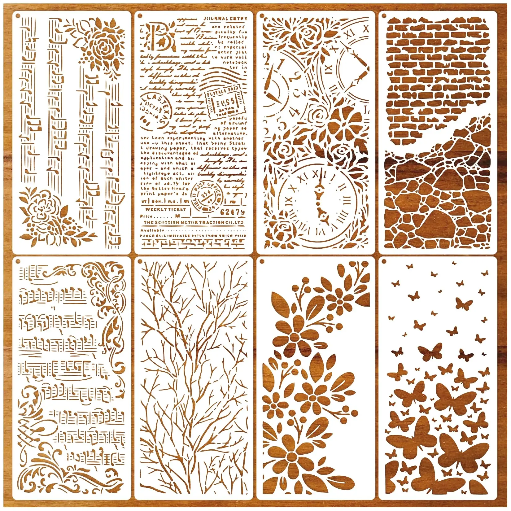 8-teilige Schablonen zum Basteln, wiederverwendbare Zweige, Musiknoten, Schablone mit floraler Textur, Hintergrund, Schichtung, Zeichnungsvorlagen, Schablonen