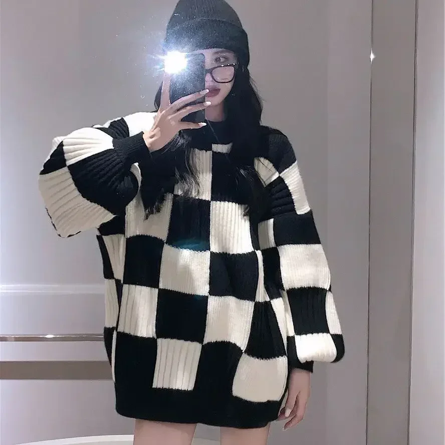 Ladies Sweaters Long Round O Neck Knitted Top for Women Plaid Pullovers Cold Winter New in 2024 Korean Fashion Clothes Tall Tops