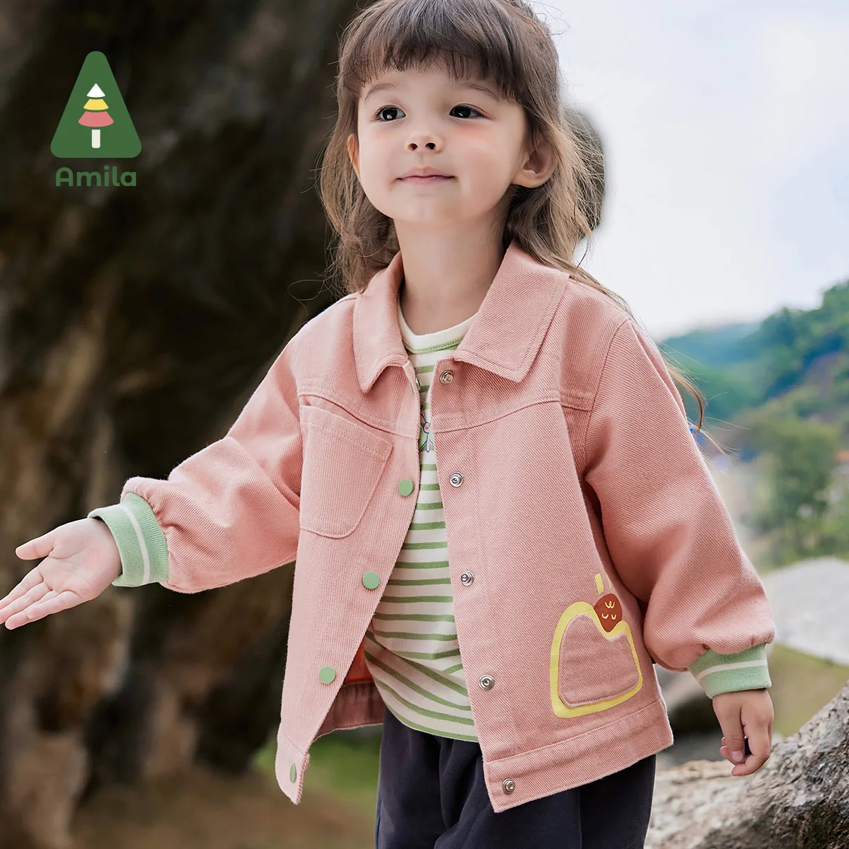 Amila Baby Denim Jacket 2024 Autumn New Boys And Girls Lapel Washed Breathable Threaded Pocket Warm Cartoon Children’s Jacket