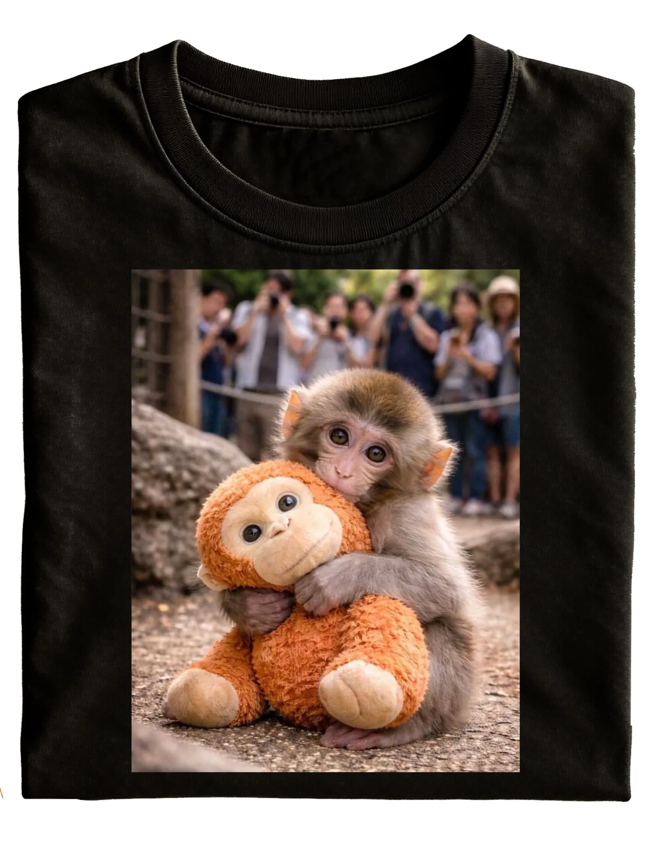 New Style Cute Monkey Hugging Stuffed Animal Print Unisex T Shirt Black Animal Design for Casual Wear And Gift Ideas   Fashionable Everyday Outfit Short Sleeve, PLUS SIZE