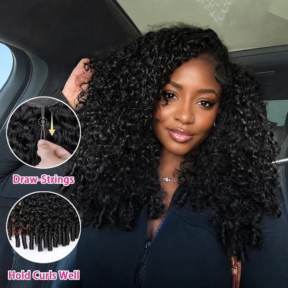 Burmese Curly Half Wig Human Hair for Black Women Spiral Curl Ends Glueless Wear & Go Drawstring Wig 200% Density Flip Over Beginner Friendly No Glue No Sew Natural Black