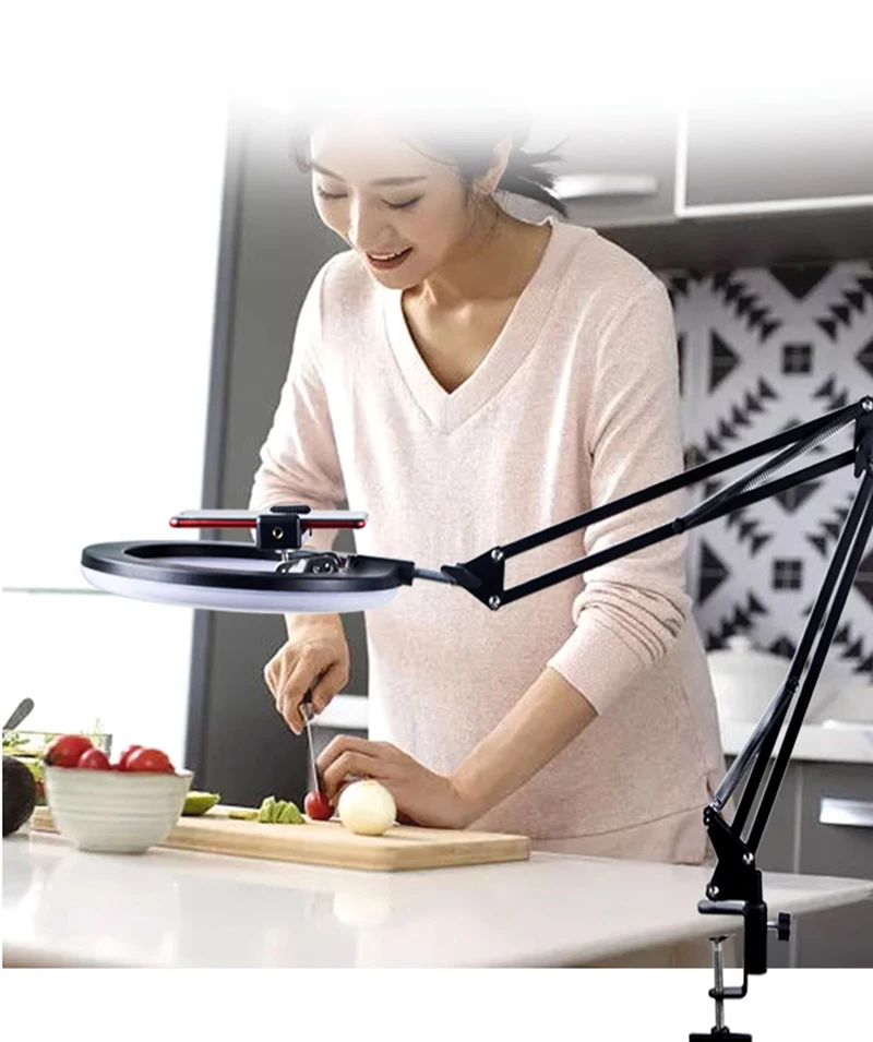 Overhead Tripod with Ring Light for Mobile Cell Phone Desktop Video Shooting Table Horizontal Smartphone Tripe for Cook Filming