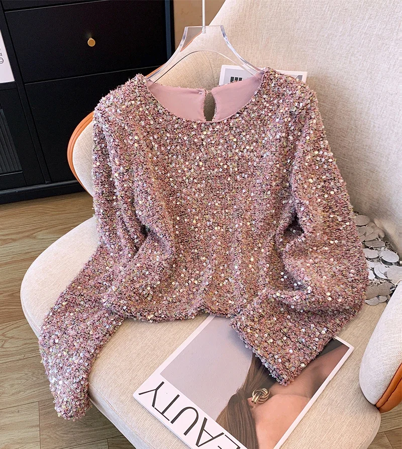 

Design sense niche sequin long sleeved shirt for women 2024 spring new French style loose pink top trend