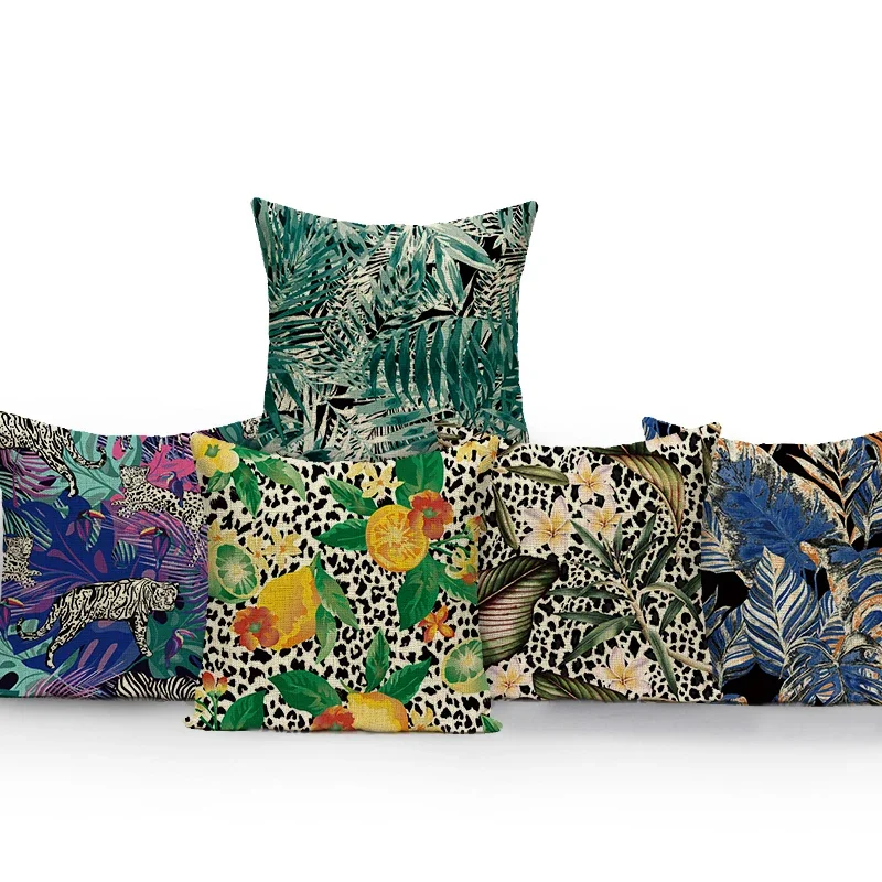 Tropical Flower & Animal Pillow Case Green Leaves Zebra Leopard Print Cushion Cover for Home Car Bed Decoration