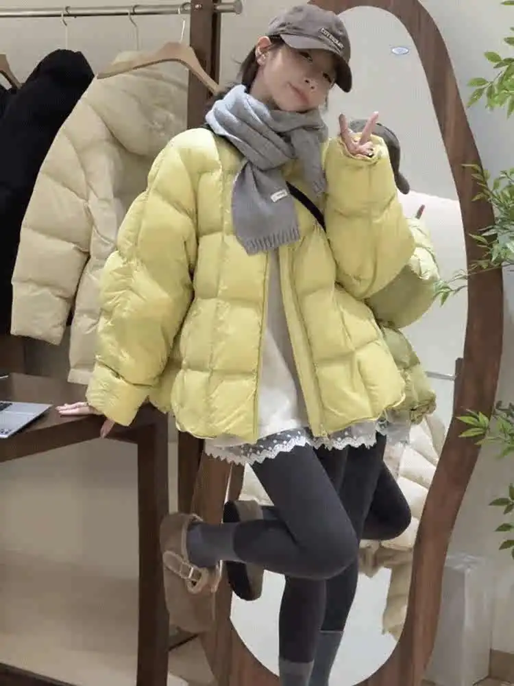 Women's round Neck Short Thickened White Duck down Jacket Korean Style Commute Wind Loose Fit Winter New Arrival Coat