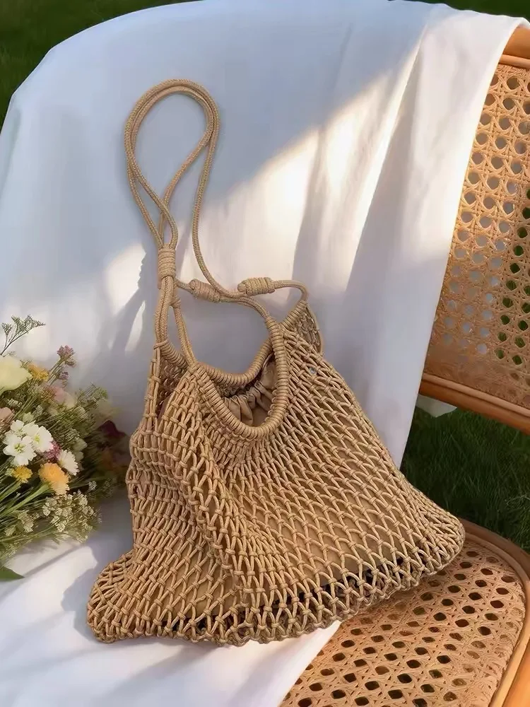 Large Capacity Hollow out Woven Straw Shoulder Bag for Women Summer Beach Vacation Camping Bag 2026 New Style Pure Color