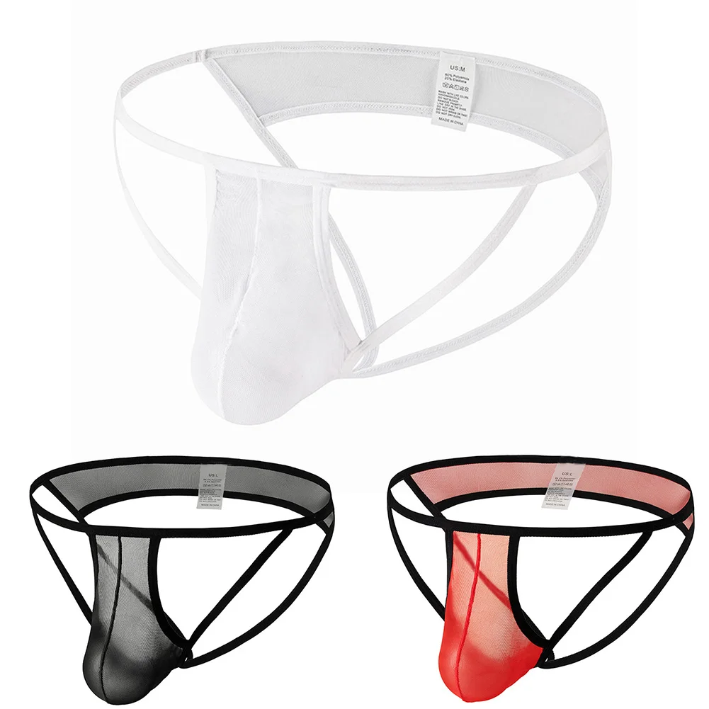 Men Sexy Briefs Mesh Underwear Low Waist Hollow Out T-Back Sissy U Convex Pouch Panties Breathable Lingerie Seamless Underpants