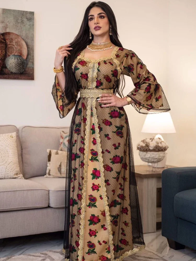 Eid Embroidered Abaya Dress Women Eid Mubarak Middle East Dubai Turkey Moroccan Kaftan Party Robes India Islamic Clothing