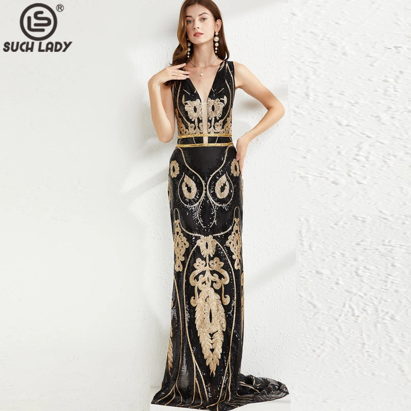 Women\'s Evening Gown V Neck Sleeveless Sequined Elegant Designer Maxi Chapel Train Long Party Prom