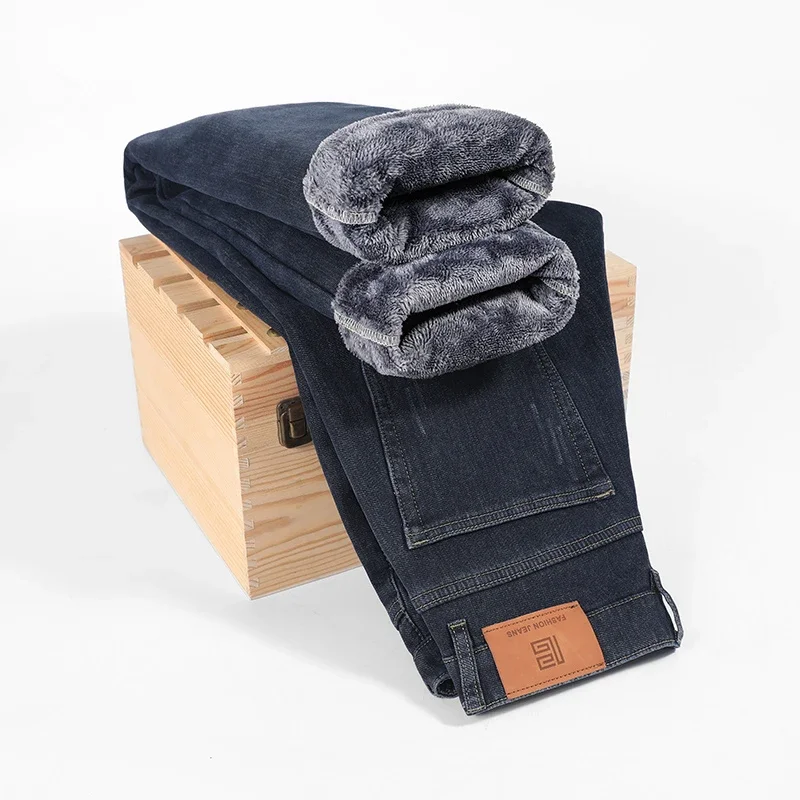 Winter Korean Fashion Brushed Jeans for Men's Thickened Warm Elastic Slim Comfortable Straight Fleece Denim Trousers