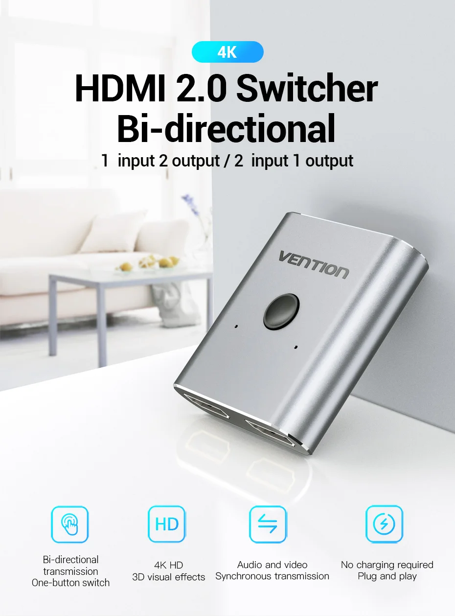 Vention HDMI Switcher 4K 60Hz Bi-Direction 2.0 HDMI Switch 1x2/2x1 Adapter für PS4/5 Xiaomi TV Box 8K HDMI 2.1 Splitter – Detail 1
