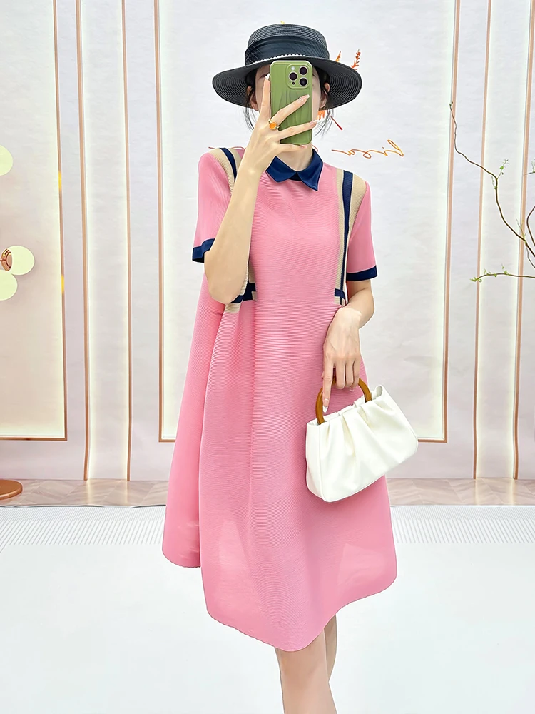 

Summer New Style Women's Dress Loose Fit Collared Gored Skirt High Waist Slimming Color Block Silk Blend Casual Office Wear