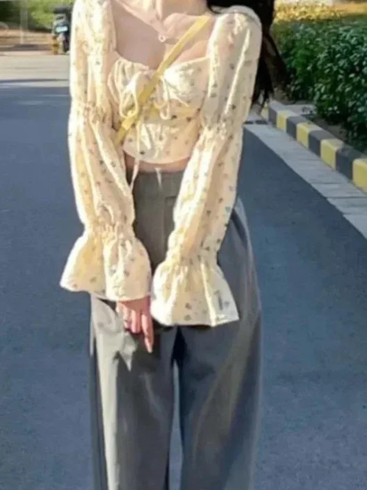 

Блузки с расклешенными рукавами и цветочным принтом, женские винтажные укороченные топы, сексуальные весенние девичьи корейские стильные модные квадратные воротники Ins Mujer, уличная одежда