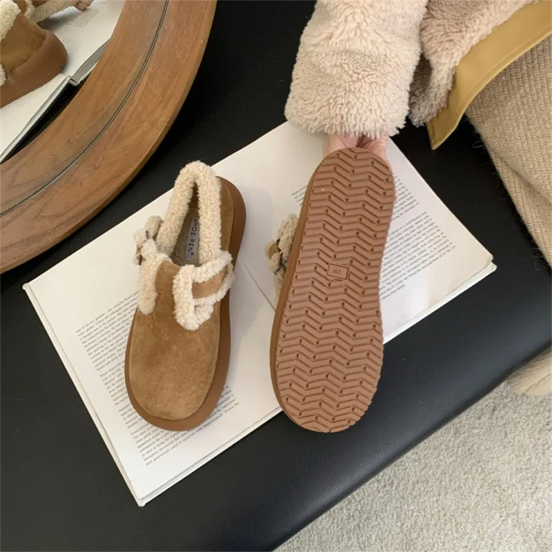 صوف الضأن الداخلية حذاء مسطح أقدام الصوف الدافئة الثلوج الأحذية جولة رئيس مشبك منصة أحذية قطنية تقليد الجلد المدبوغ 35-39 أحذية نسائية #6