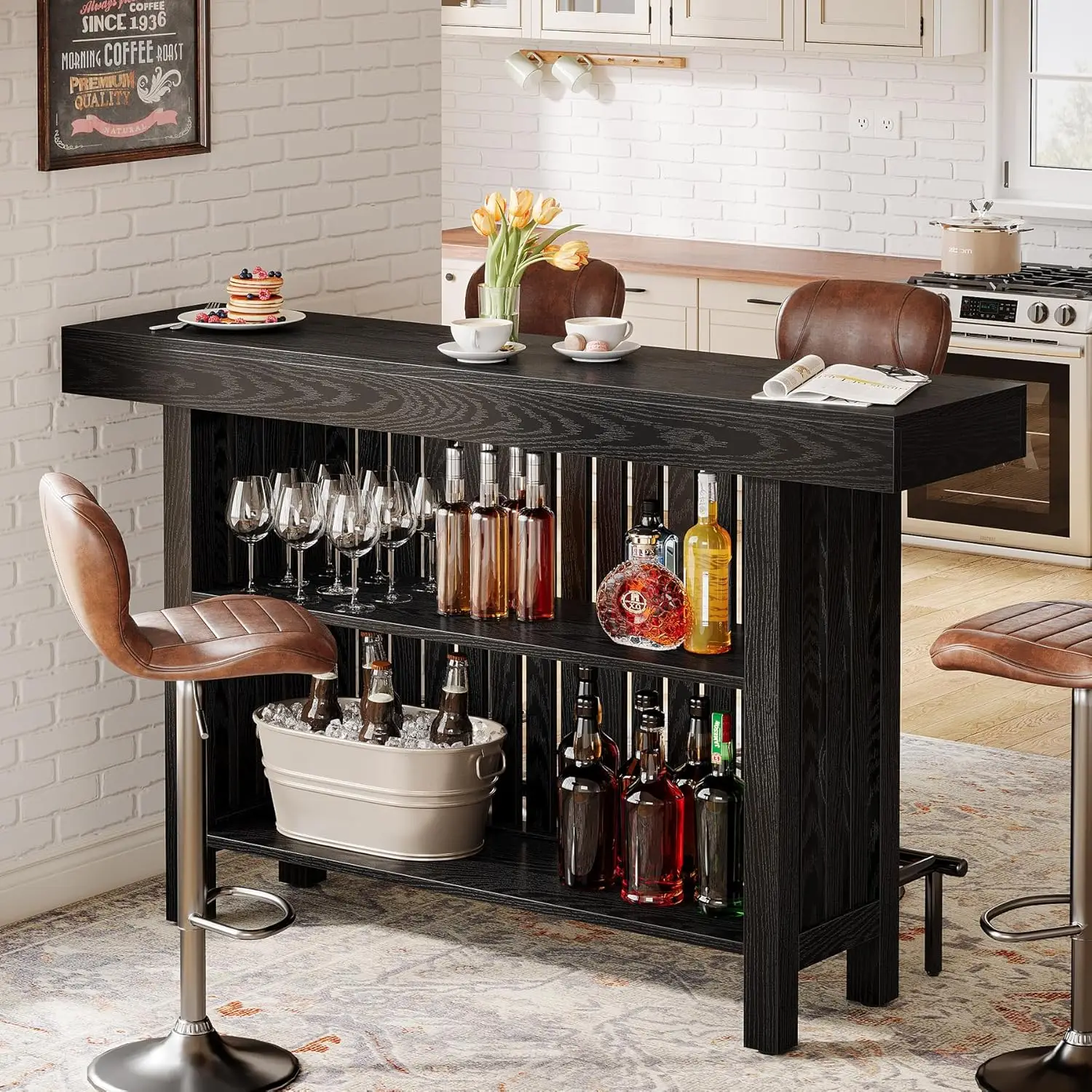 

Black Large Home Bar Unit, 2-Tier Mini Bar Table Height Pub Table with Footrest, 63-Inch Modern Coffee Bar Cabinet