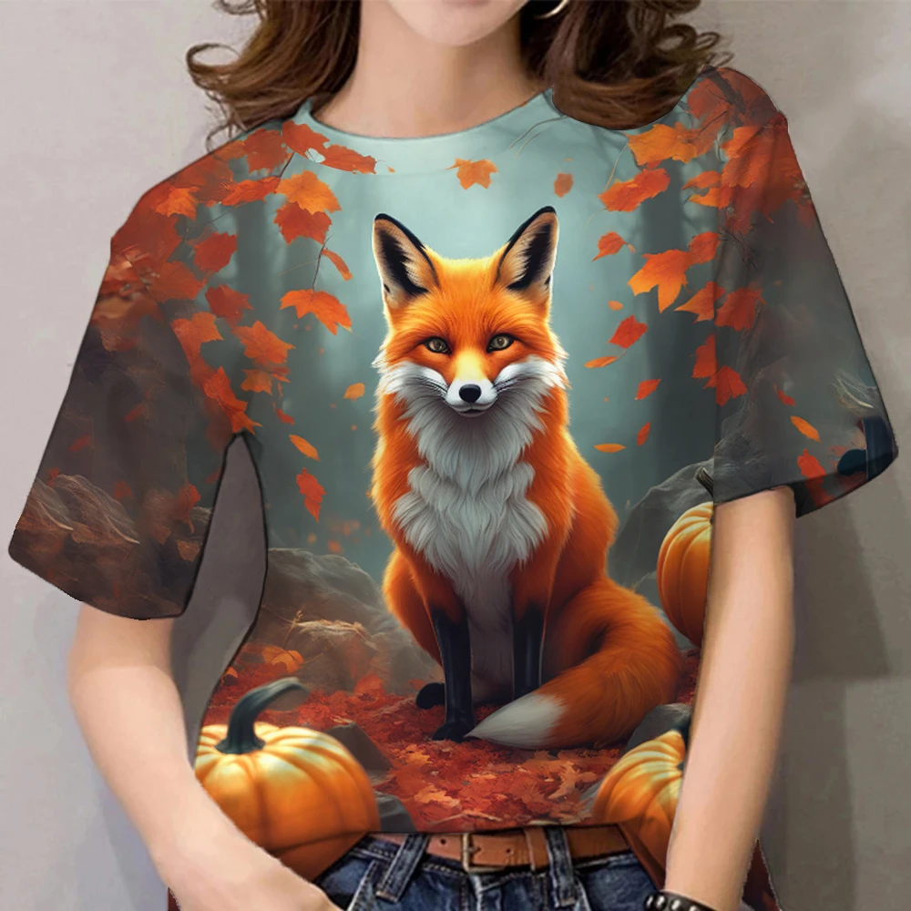 3D Cartoon Animal Print Fashion Cute Fox Pattern Women\'s T-shirts Casual Summer Short Sleeves Tees Tops Female Clothing Pullover