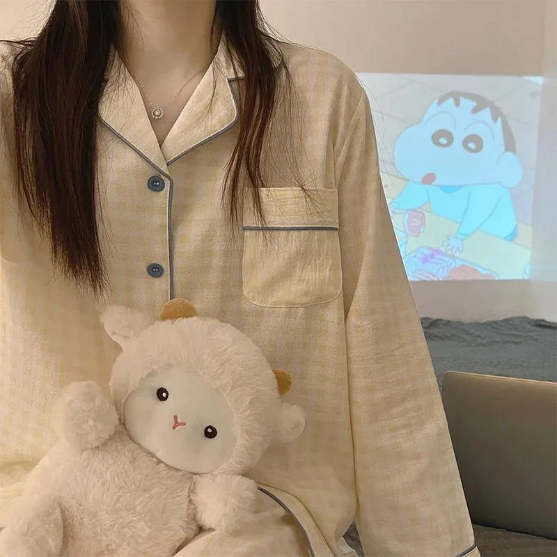 

Plaid Sleepwear Women Spring Pajamas Women Cute Short Sleeve Homewear 2025 New Home Wear Long Sleeve Small Man Sleeping Suit