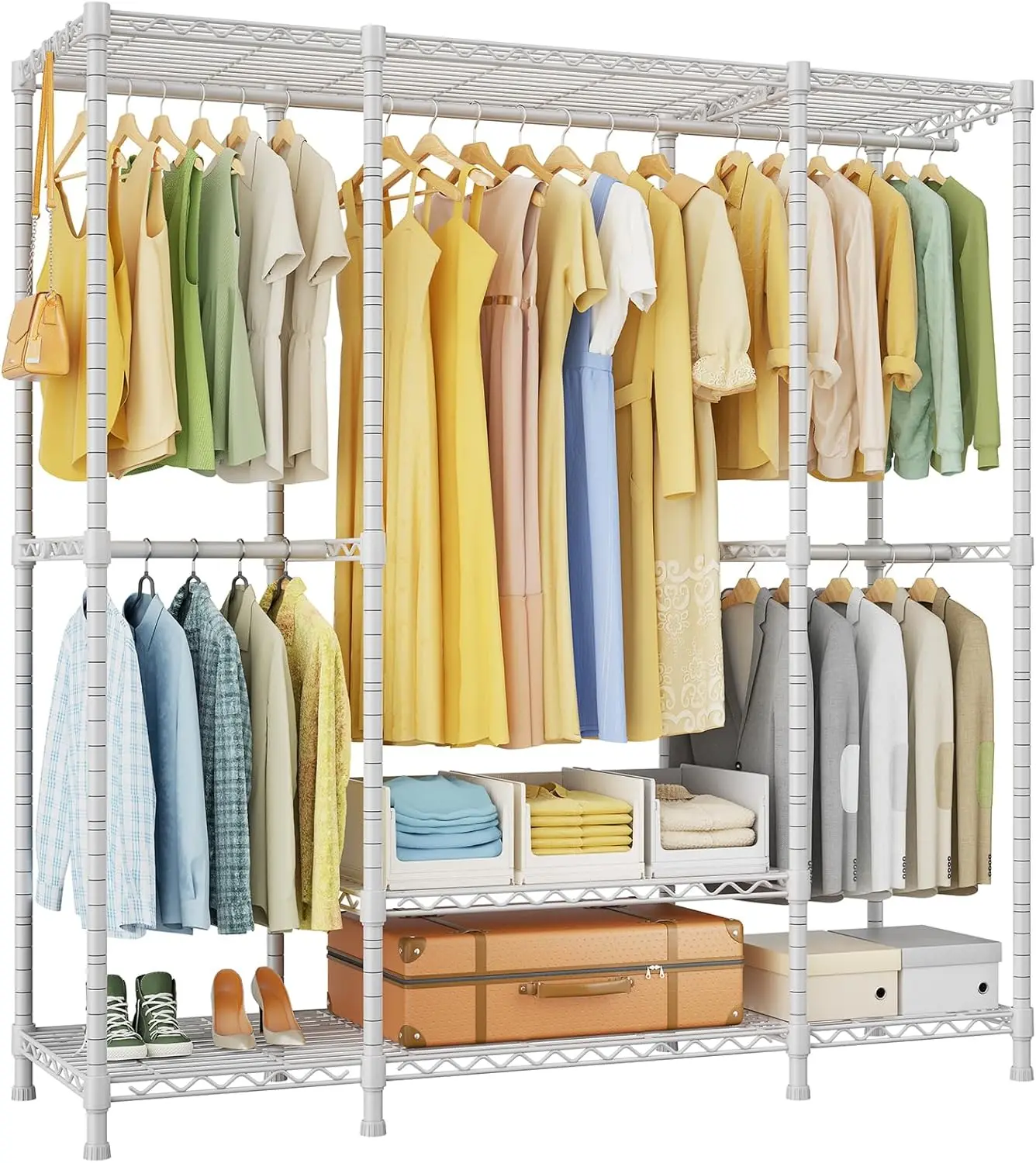 

Heavy Duty Garment Rack, 4-Tier Freestanding Closet Organizer with 5 Shelves, Max Load 850lbs, White