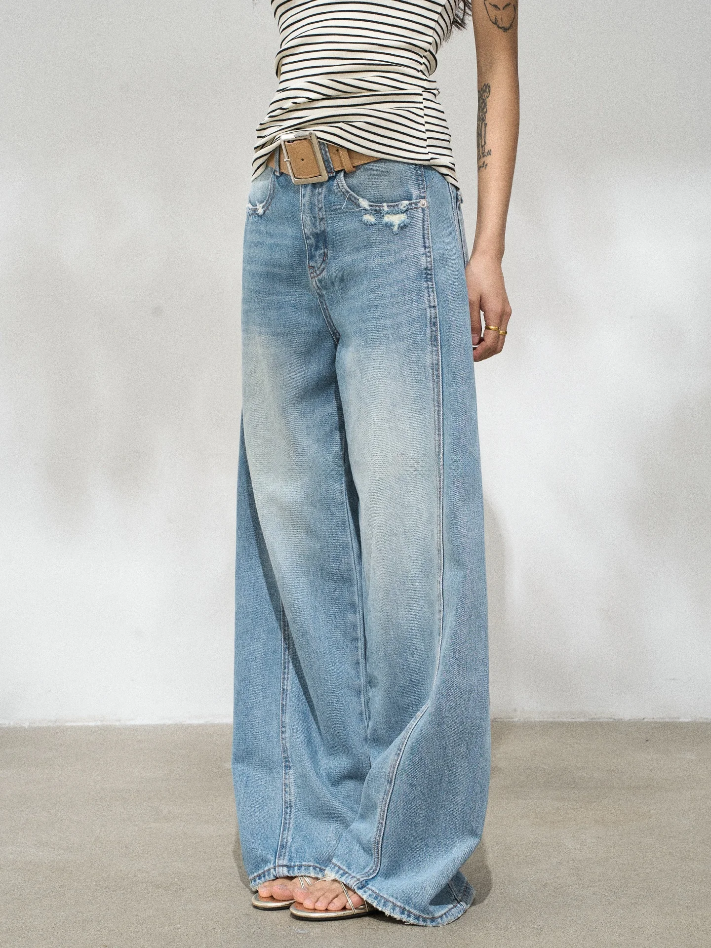 

American Retro Blue Side Bone Line ket Design Knife Jeans Women Straight Leg l Waist Cotton Pure Color Spring A...