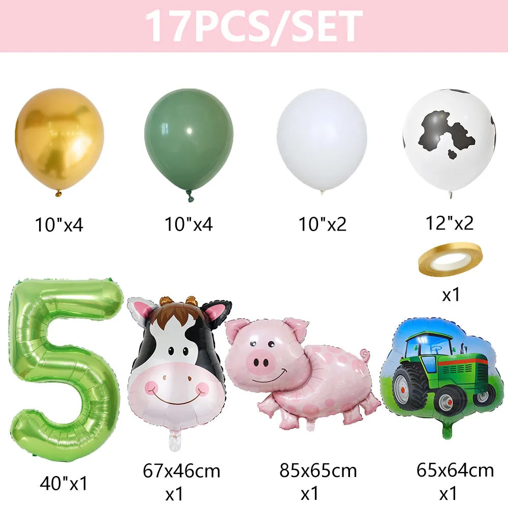 17pcs Farm Theme Green Tractor Cow Pig Inflatable Balloons 40inch Number Balloon 1 2 3 4 Happy Birthday Party Decor Baby Shower