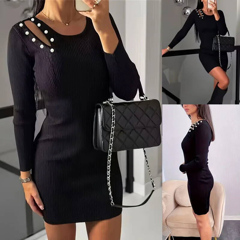 Women's Black Ribbed Knit Round Neck Side Button Long Sleeve Fitted Elegant Casual Daily Party Mini Dress