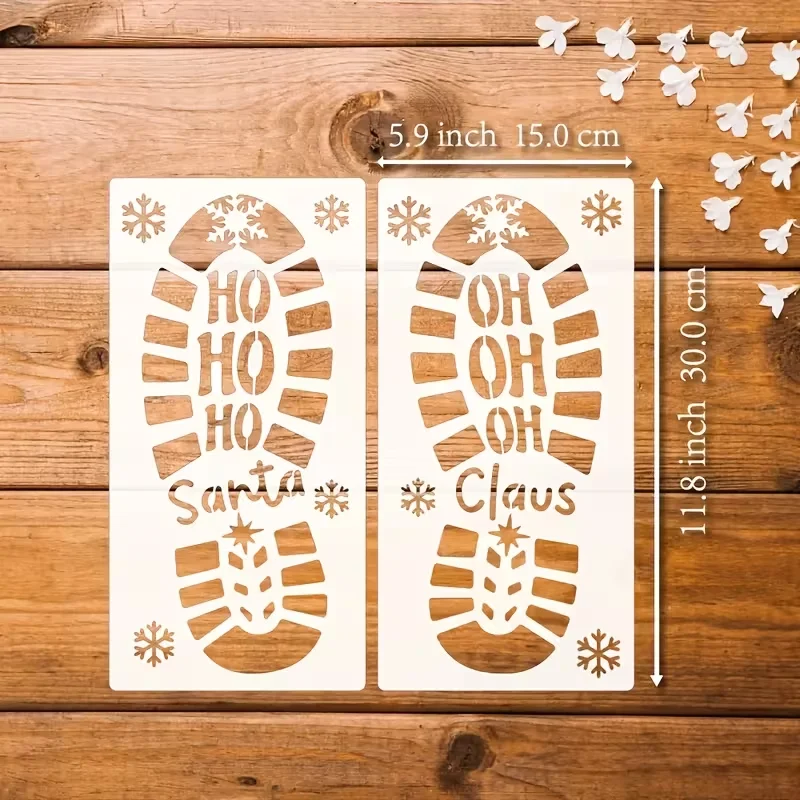 2Pcs Santa Claus Footprint Stencils 5.9 x 11.8 Inch Christmas Boot Snowflake Painting Templates for Floor Wall Canvas DIY Holida