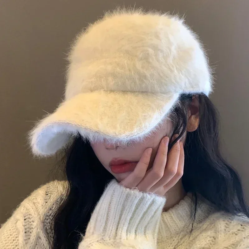 Ins Solid Color Rabbit Hair Baseball Caps Women Autumn and Winter Korean Versatile Warm Show Face Small Plush Duck Bill Hat