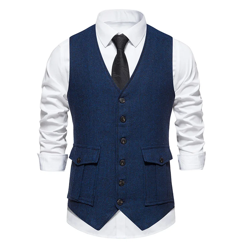 Mens Vintage Suit Vest V Neck Casual Wool Waistcoat for Wedding Groomsmen