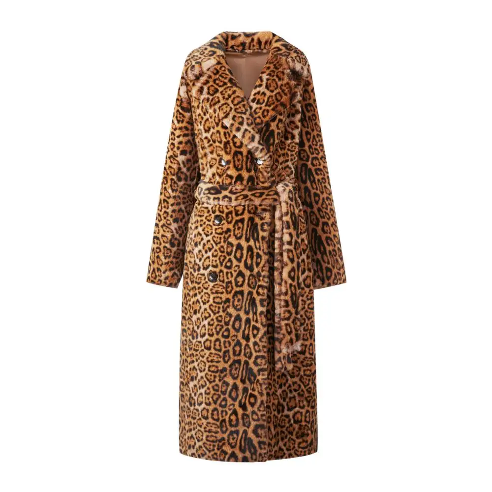 New Loose Artificial Fur Leopard Pattern Fur Women\'s Coat Long Polo Neck Belt Waist Wrapped Winter Warm Windbreaker