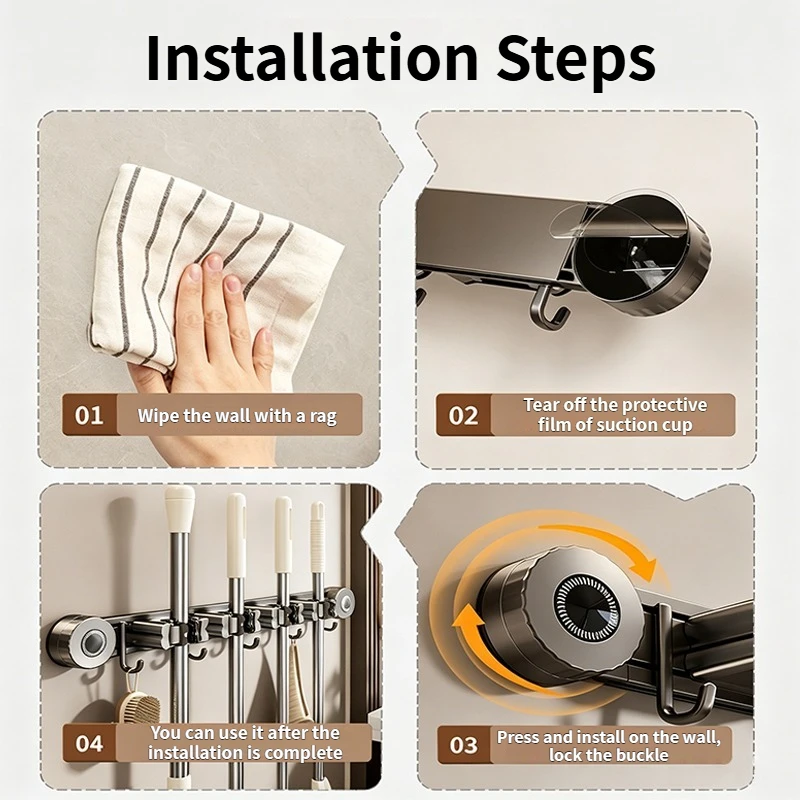 No Drill Suction Cup Mop Holder Wall Mount Mop Clamp Heavy Duty Broom Storage Hook Organizer - view 6