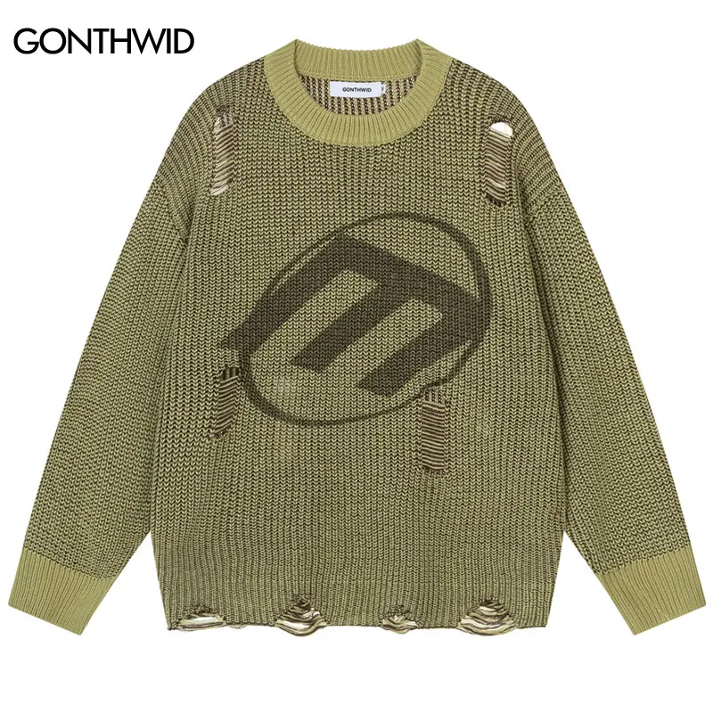 

Hip Hop Sweater Y2K Knitted Ripped Holes Jumpers Grunge Streetwear Men Vintage Punk Gothic Loose Sweaters Harajuku Loose Tops