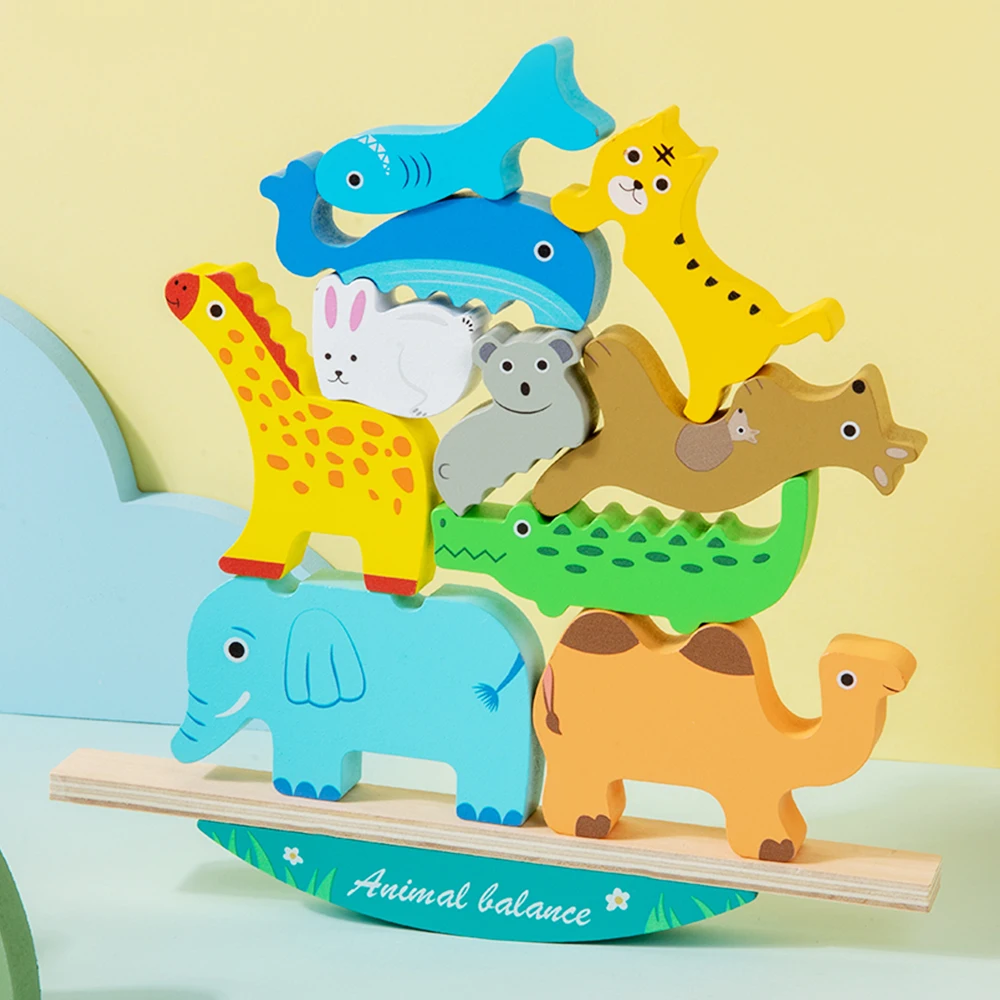 Bloco de empilhamento de animais de madeira, jogo de forma correspondente, quebra-cabeça, brinquedo de equilíbrio montessori, treinamento de motor fino, brinquedos educativos para crianças