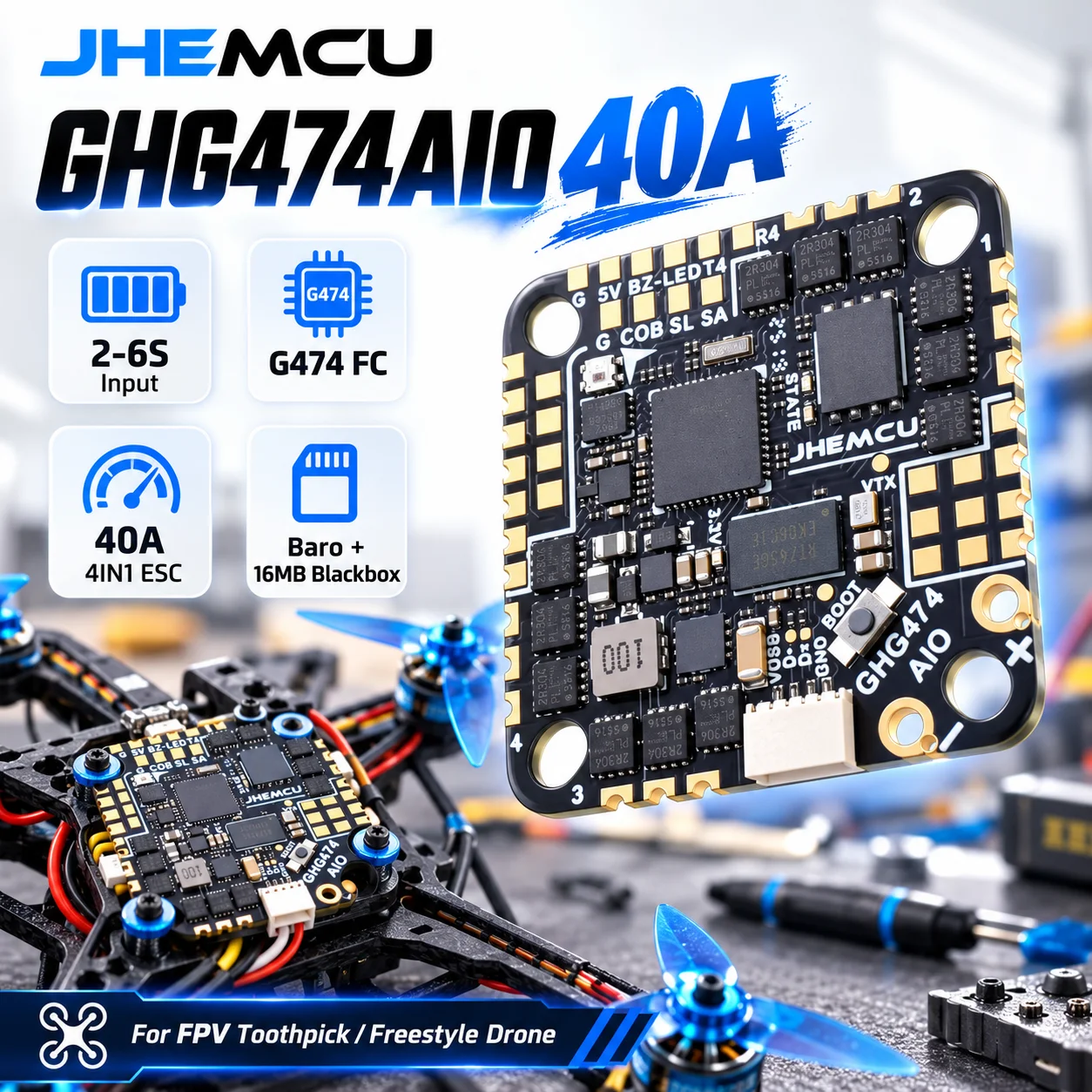 JHEMCU GHG474 40A AIO G474 Flight Control FC 2-6S 4-IN-1 ESC AIO for Toothpick Traversal Machine FPV Drone Betaflight Accessorie