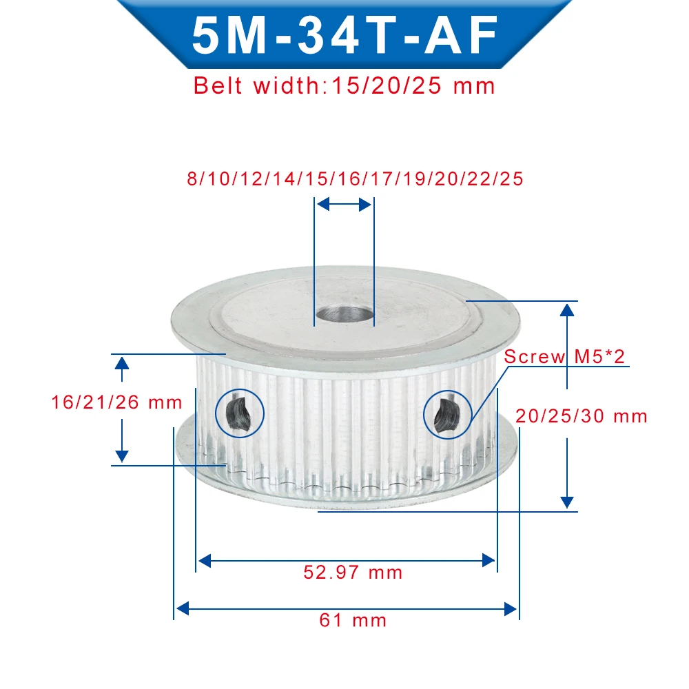 5M-34T Belt Pulley AF Shape Inner Bore 8/10/12/14/15/16/17/19/20 mm Alloy Pulley Wheel Circular Arc Tooth For 5M Timing Belt