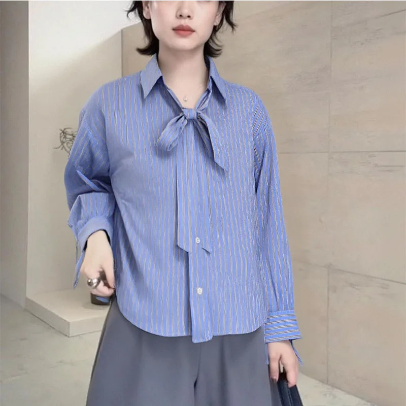 

2025 New Women's European and American Style Fashion Foreign Trade Loose Long Sleeve Shirt with Bow and Striped Design