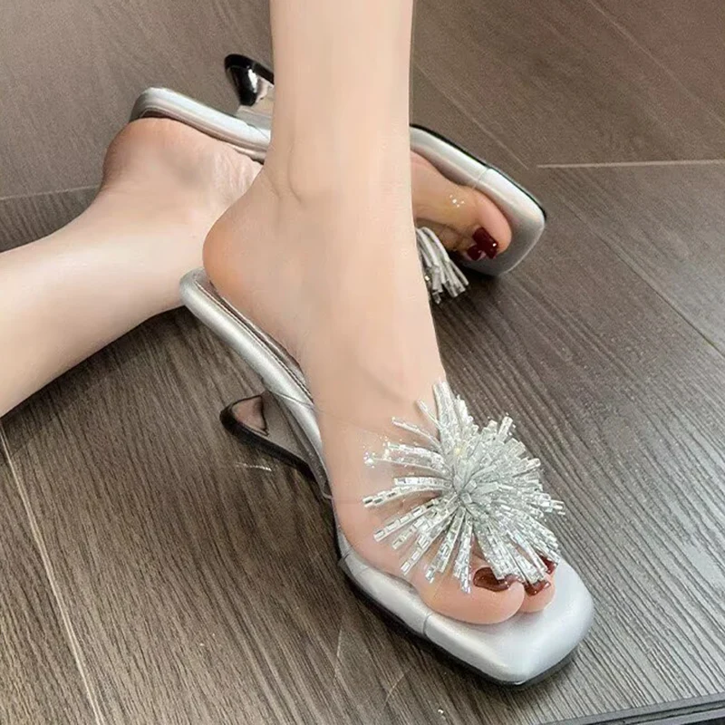 Transparent Pvc High Heel Slippers Women Summer 2026 Luxury Silver Flower Strange Heel Designer Sandals Woman's Glass Slipper