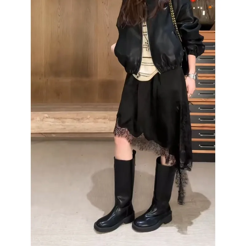 

Плиссированная юбка с оригинальным дизайном, минималистичная, с кружевными вставками, черная, с кружевной отделкой, асимметричная, в корейском стиле, больших размеров