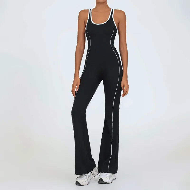 Sports Yoga Jumpsuit Women's Beautiful Back Color Blocked Jumpsuit Nude Sports Fitness Wide Leg Bell Bottoms Women's Summer