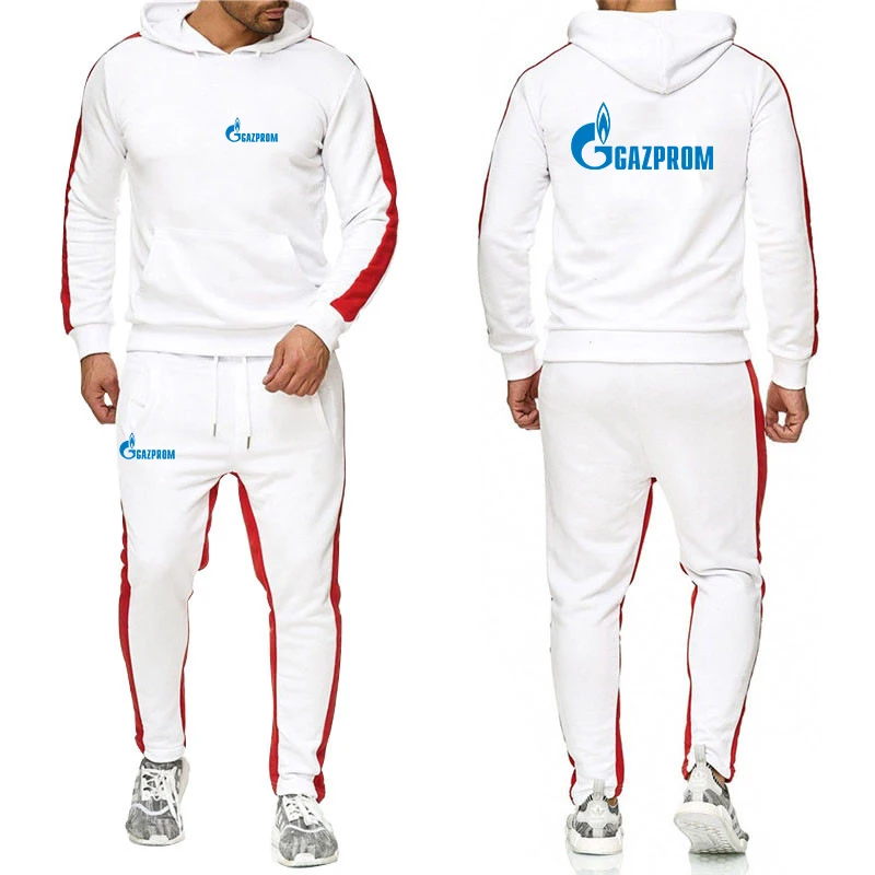 Russia Gazprom Men's Spring Autumn New Solid Color Set Casual Pullover Hoodie + Trousers Comfortable Simplicity 2 Pieces Suit