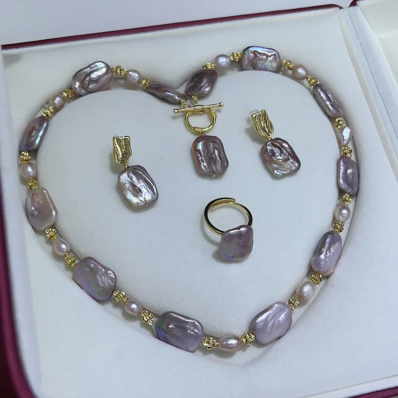 Set freshwater pearl pink purple rectangle flat oval coin necklace bracelet earring Ring
