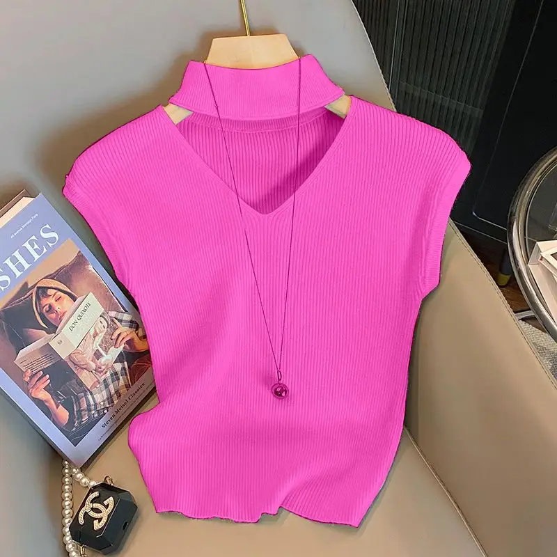 

2026 French Elegant Mock Neck Hollow Knit Tank Women Slim Crop Top Unique for Spring Summer Inner Wear