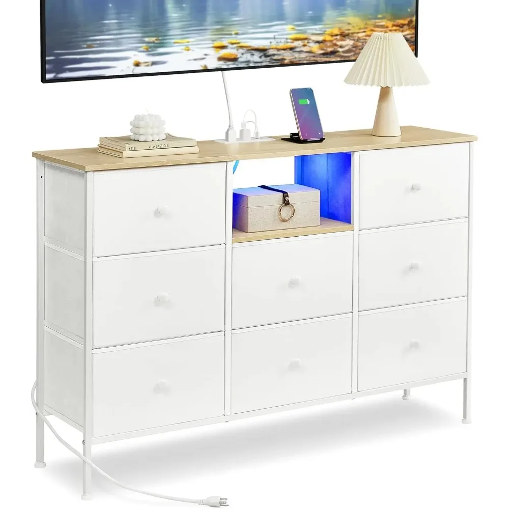 Dresser with Power Outlets and LED Lights, Fabric Chest of Drawers, 25 Colors, 8 Drawers, TV Stand for up to 60 Inch TVs, White