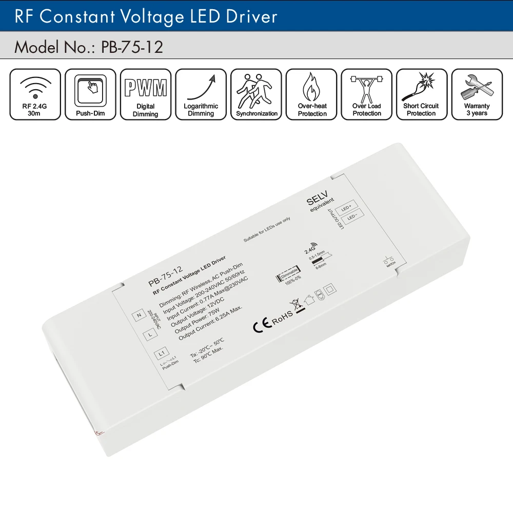 2.4G  RF Wireless Remote Control Dimmable LED Driver 12V 24V 75W AC200V 240V to DC 12V 24V Constant Voltage LED Dimming Driver